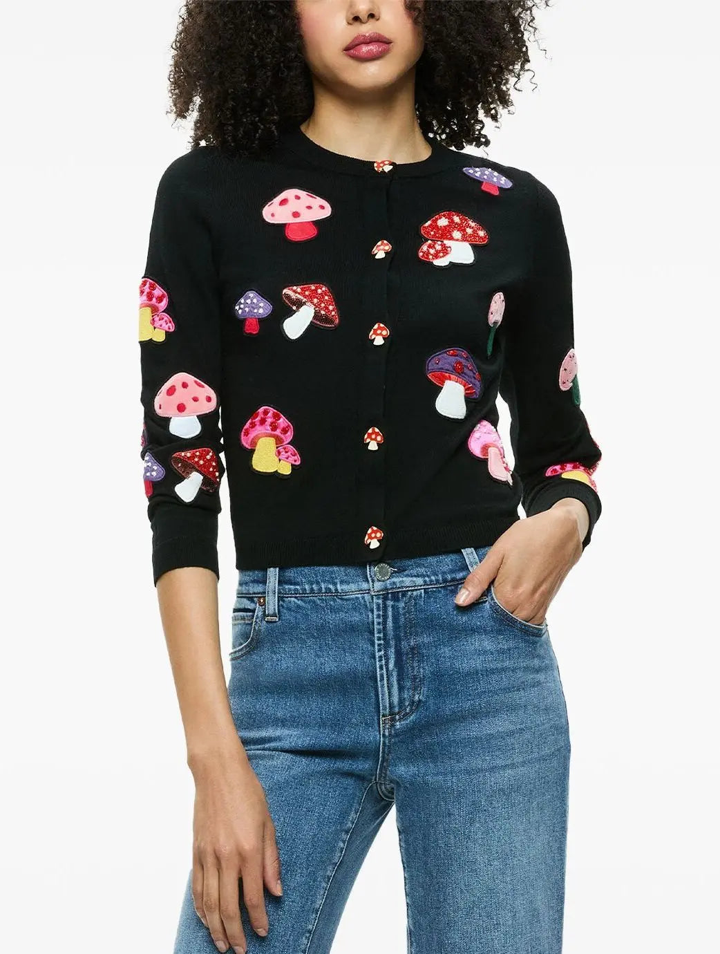 Mushroom-Embroidered Black Knit Cardigan - Sweaters & Knitwear