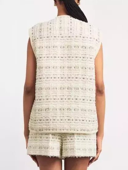 Natural Tweed Sleeveless Jacket and Short Set with Gold Buttons in cream tweed