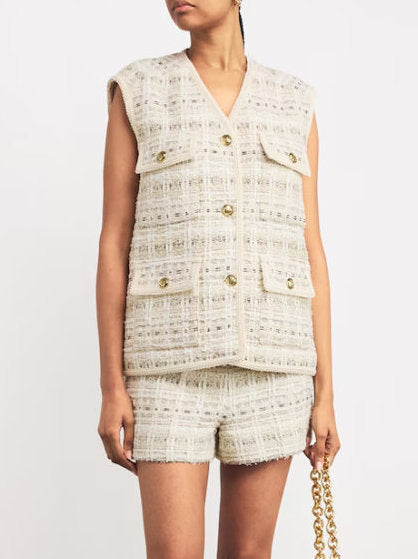 Natural Tweed Sleeveless Jacket and Short Set featuring elegant gold buttons