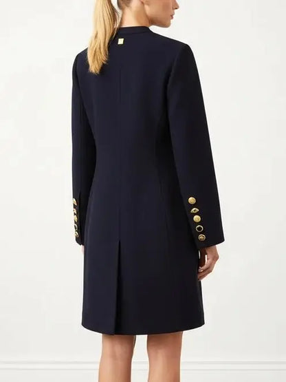 Navy Mandarin Collar Wool-Blend Coat with Gold Buttons - Coats