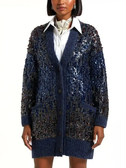 Navy Wool-Mohair Long Sequined Cardigan - Sweaters & Knitwear
