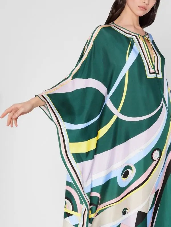 Occhi Print Silk Kaftan Green - Dresses