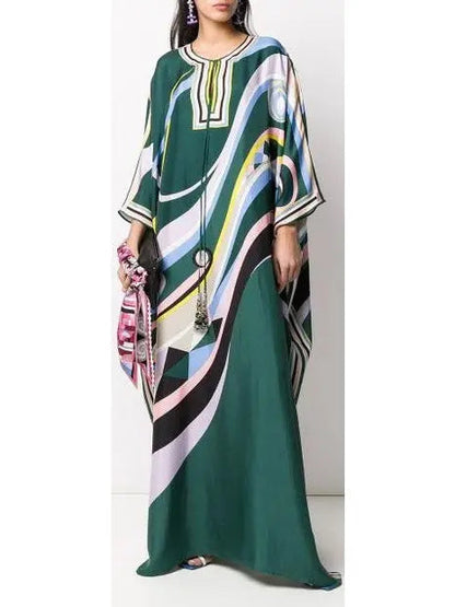 Occhi Print Silk Kaftan Green - Dresses