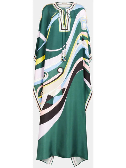 Occhi Print Silk Kaftan Green - s - Dresses