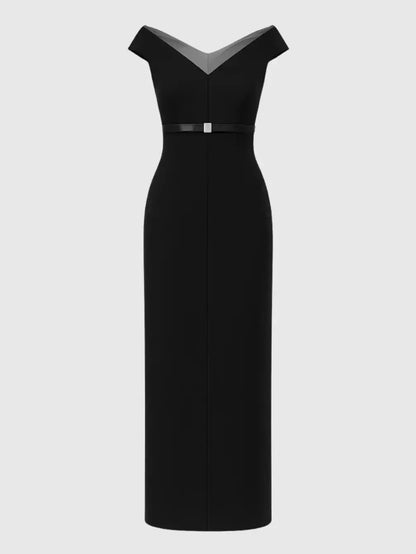 Off-Shoulder Belted Column Evening Dress - Dresses