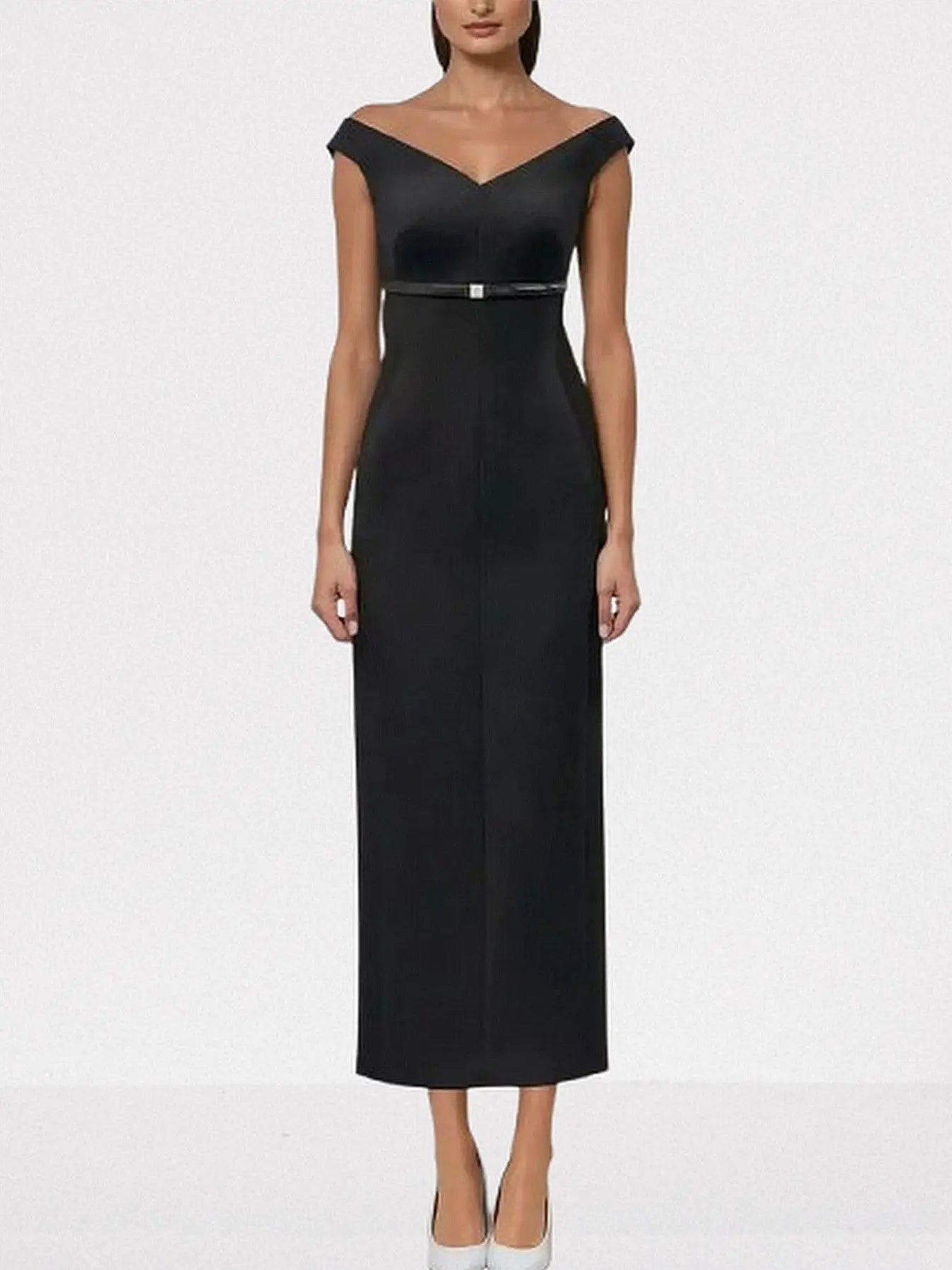 Off-Shoulder Belted Column Evening Dress - Dresses