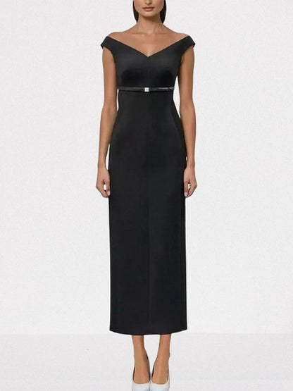 Off-Shoulder Belted Column Evening Dress - Dresses