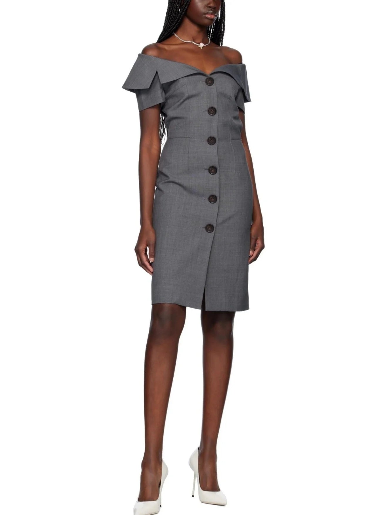 Off-Shoulder Button-Down Tailored-Style Dress in Grey - Dresses