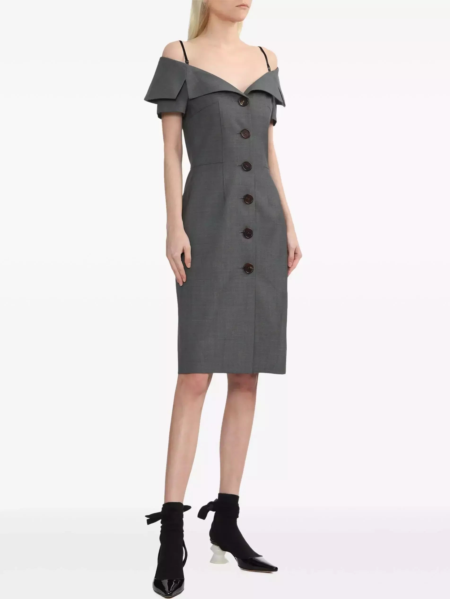Off-Shoulder Button-Down Tailored-Style Dress in Grey - Dresses