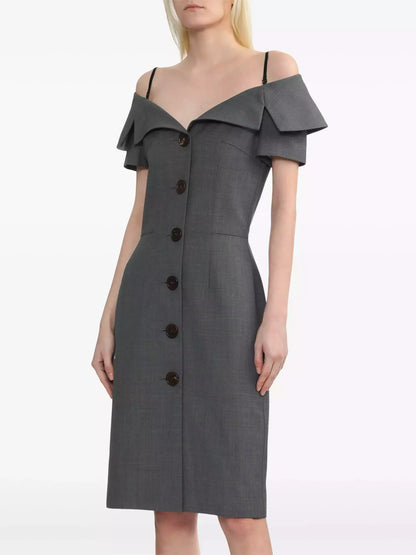 Off-Shoulder Button-Down Tailored-Style Dress in Grey - Dresses