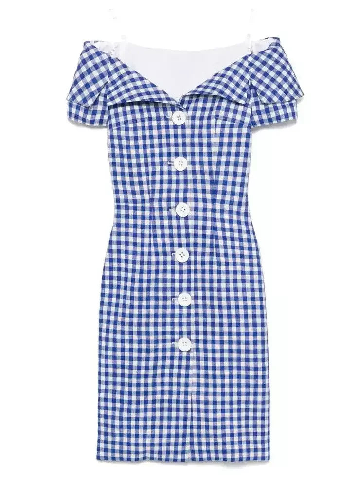 Off-Shoulder Button-Down Tailored-Style Gingham Dress - Dresses