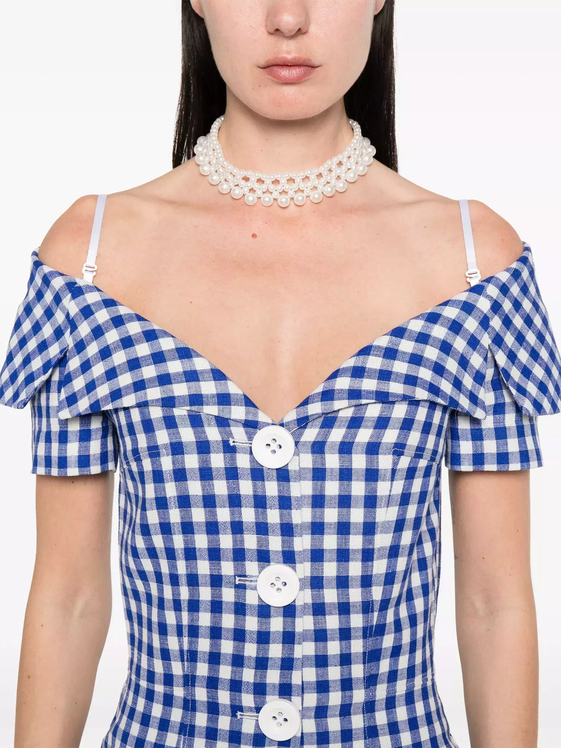 Off-Shoulder Button-Down Tailored-Style Gingham Dress - Dresses