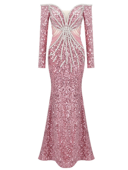Elegant Off-Shoulder Crystal and Sequin Pink Gown showcasing a stunning sequin pink design