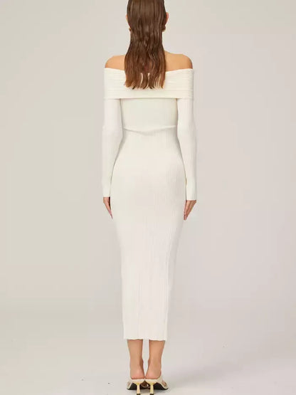 Off-Shoulder Ivory Knit Midi Dress - Dresses