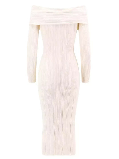Off-Shoulder Ivory Knit Midi Dress - Dresses