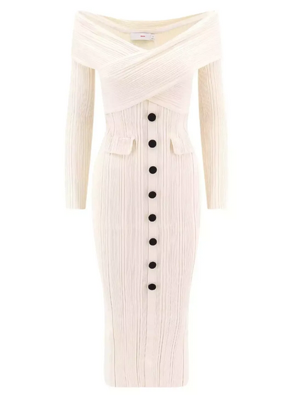 Off-Shoulder Ivory Knit Midi Dress - Dresses