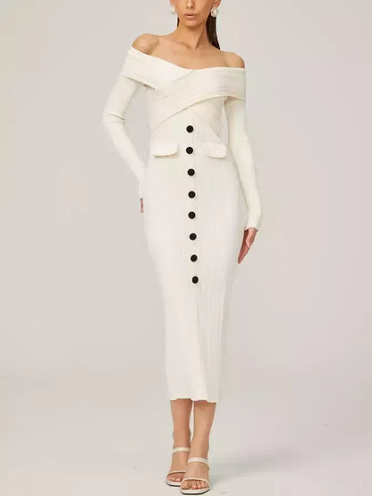 Off-Shoulder Ivory Knit Midi Dress - Dresses
