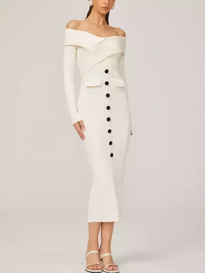 Off-Shoulder Ivory Knit Midi Dress - Dresses