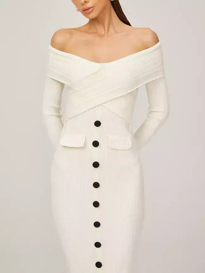Off-Shoulder Ivory Knit Midi Dress - Dresses