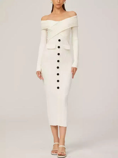 Off-Shoulder Ivory Knit Midi Dress - Dresses