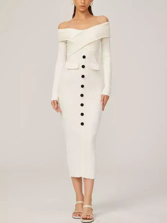 Off-Shoulder Ivory Knit Midi Dress - Dresses