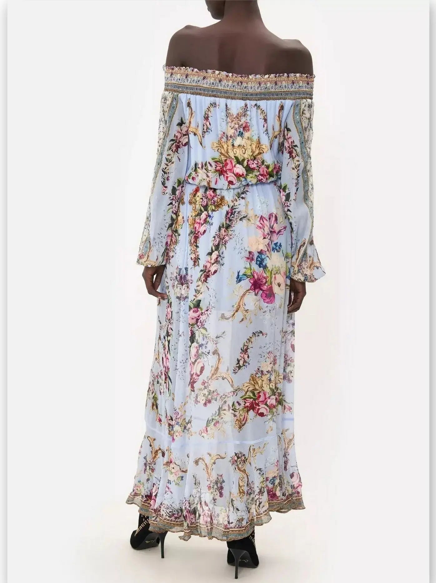 Off-Shoulder Light Blue with Multicolor Floral-Print Shirred Dress - Dresses