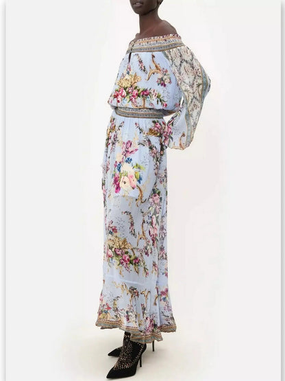 Off-Shoulder Light Blue with Multicolor Floral-Print Shirred Dress - Dresses