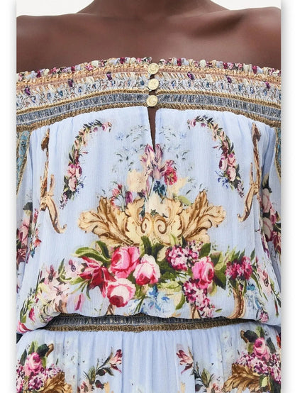 Off-Shoulder Light Blue with Multicolor Floral-Print Shirred Dress - Dresses