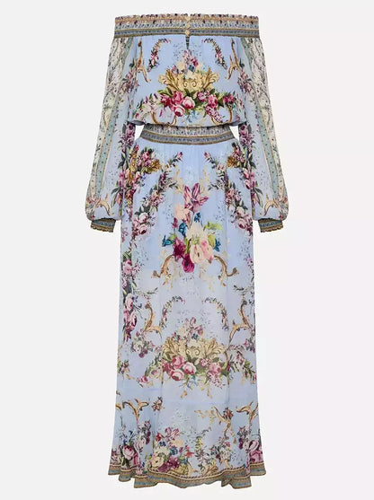 Off-Shoulder Light Blue with Multicolor Floral-Print Shirred Dress - Dresses