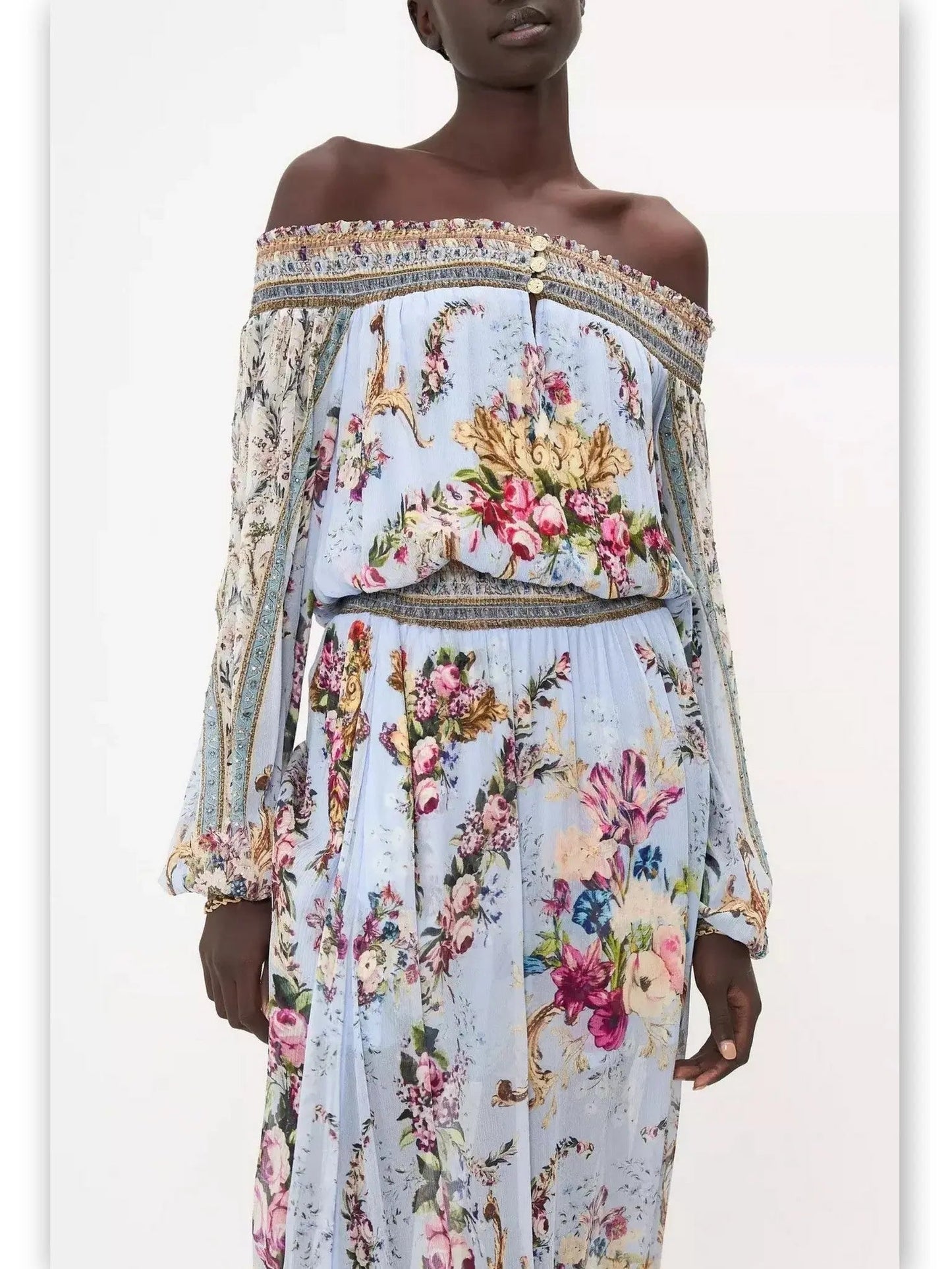 Off-Shoulder Light Blue with Multicolor Floral-Print Shirred Dress - Dresses