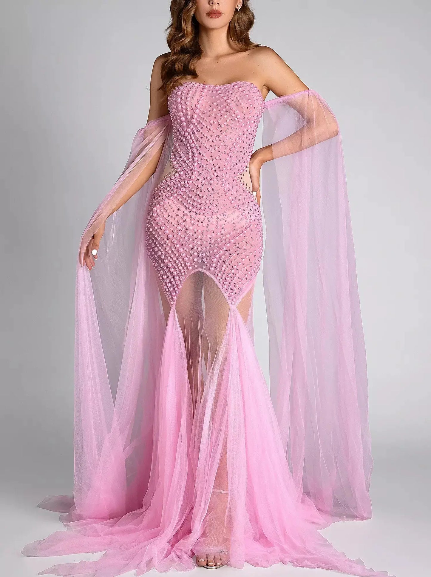 Off-Shoulder Pearl-Embellished Long Pink Tulle Gown - Dresses