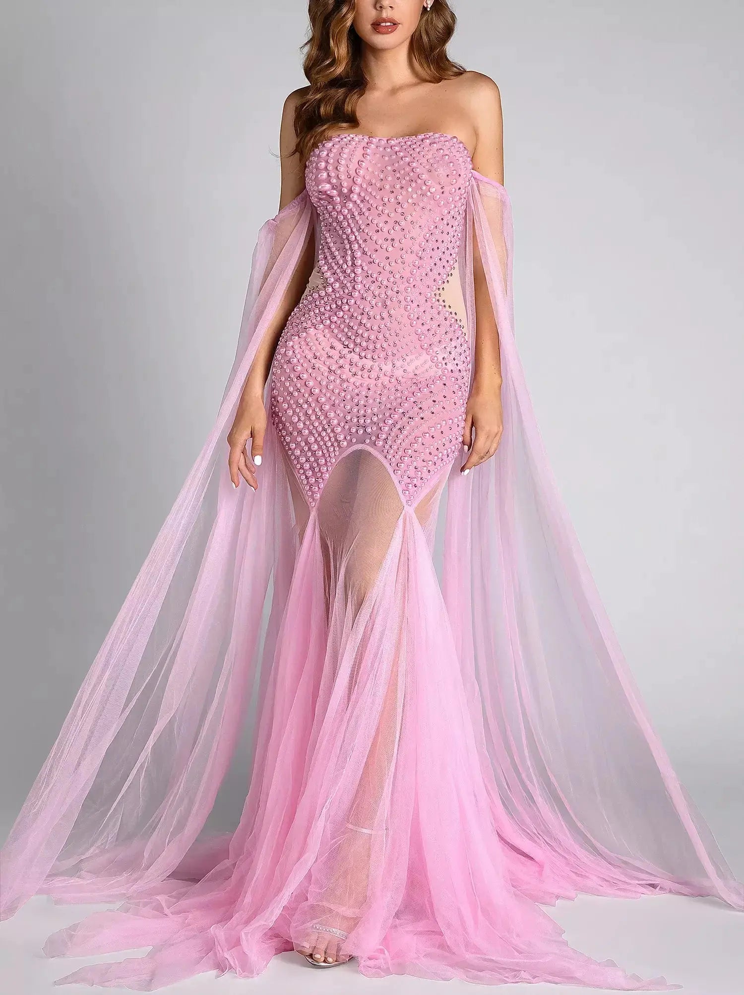 Off-Shoulder Pearl-Embellished Long Pink Tulle Gown - Dresses