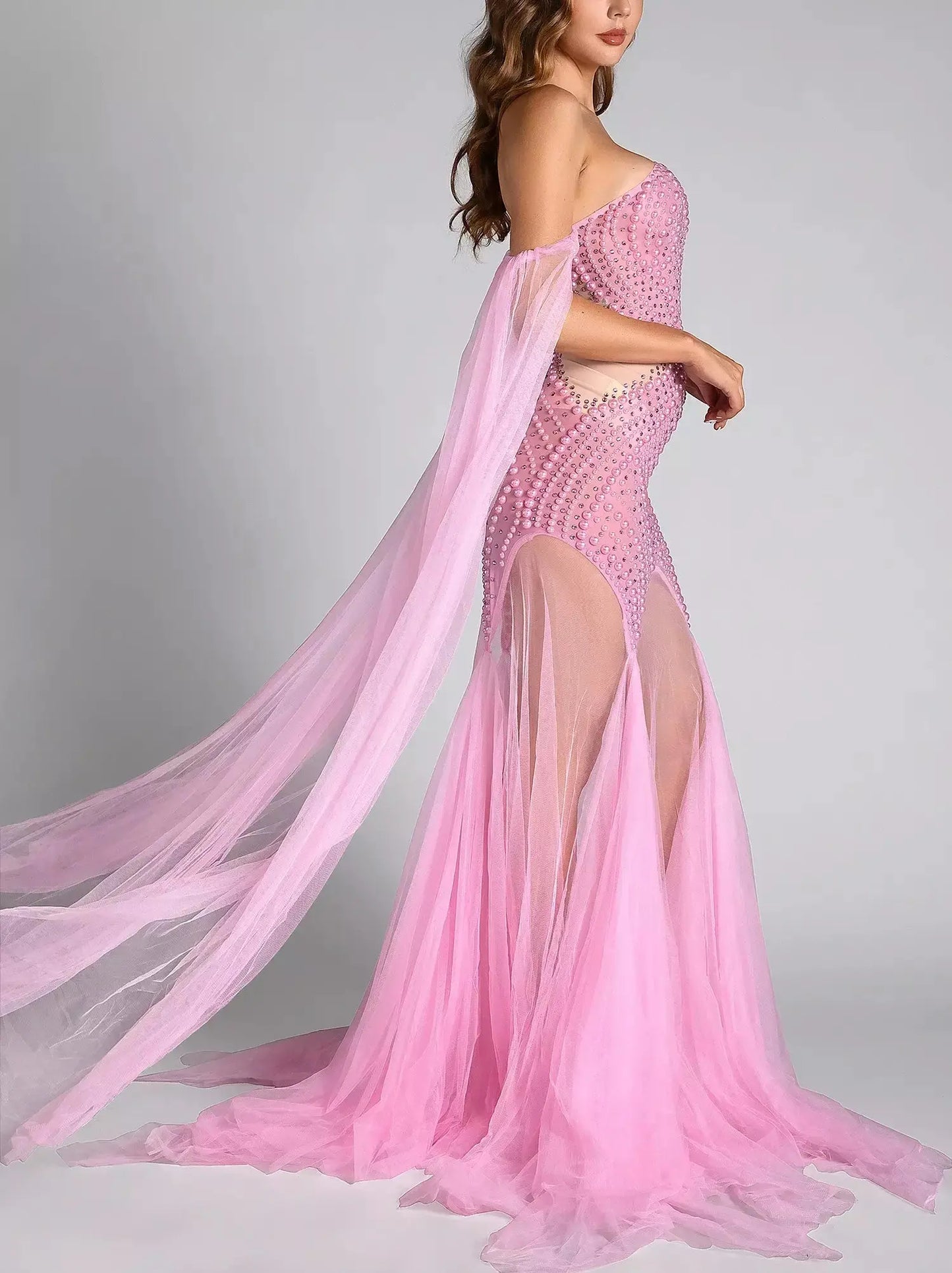 Off-Shoulder Pearl-Embellished Long Pink Tulle Gown - Dresses