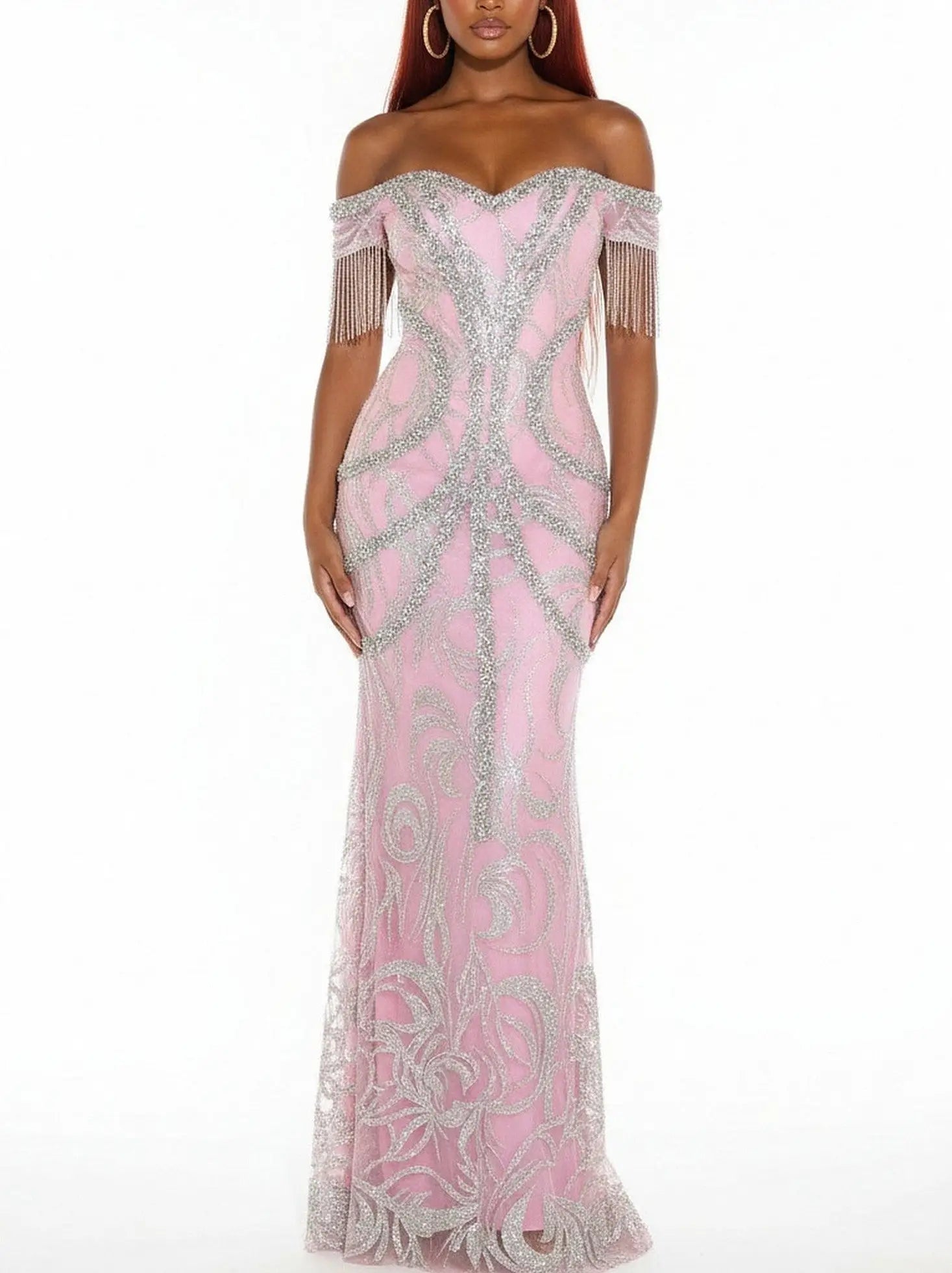 Off-Shoulder Pink Crystal-Embroidered Gown with Fringe Sleeves - Dresses