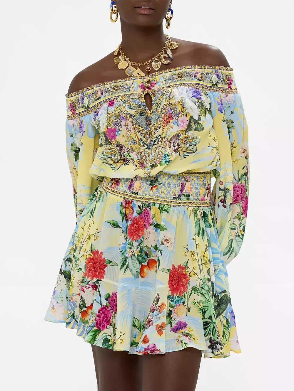 Off-Shoulder Printed Shirred Blouson Mini Dress - Dresses