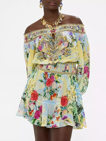 Off-Shoulder Printed Shirred Blouson Mini Dress - Dresses