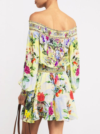 Off-Shoulder Printed Shirred Blouson Mini Dress - Dresses