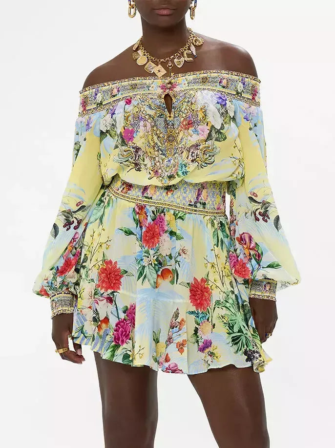 Off-Shoulder Printed Shirred Blouson Mini Dress - Dresses