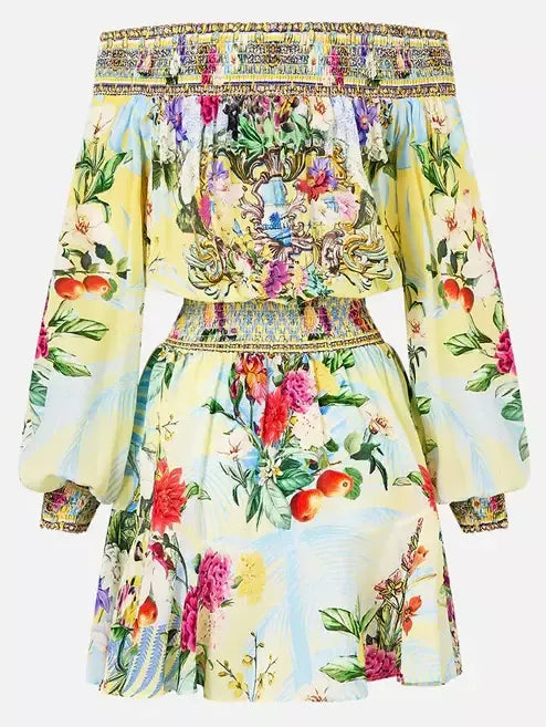 Off-Shoulder Printed Shirred Blouson Mini Dress - Dresses