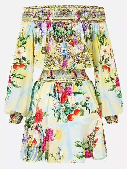 Off-Shoulder Printed Shirred Blouson Mini Dress - Dresses