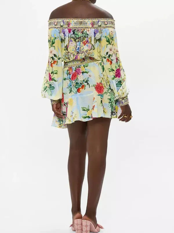 Off-Shoulder Printed Shirred Blouson Mini Dress - Dresses