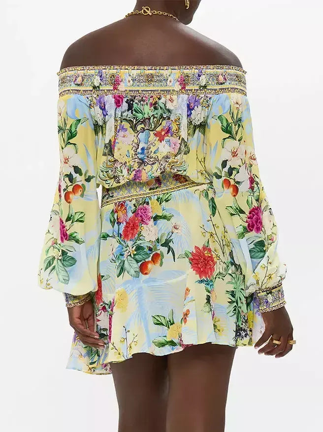 Off-Shoulder Printed Shirred Blouson Mini Dress - Dresses