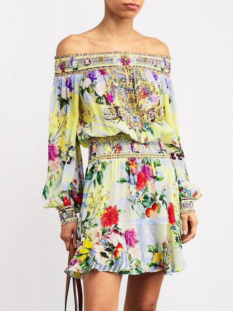 Off-Shoulder Printed Shirred Blouson Mini Dress - Dresses