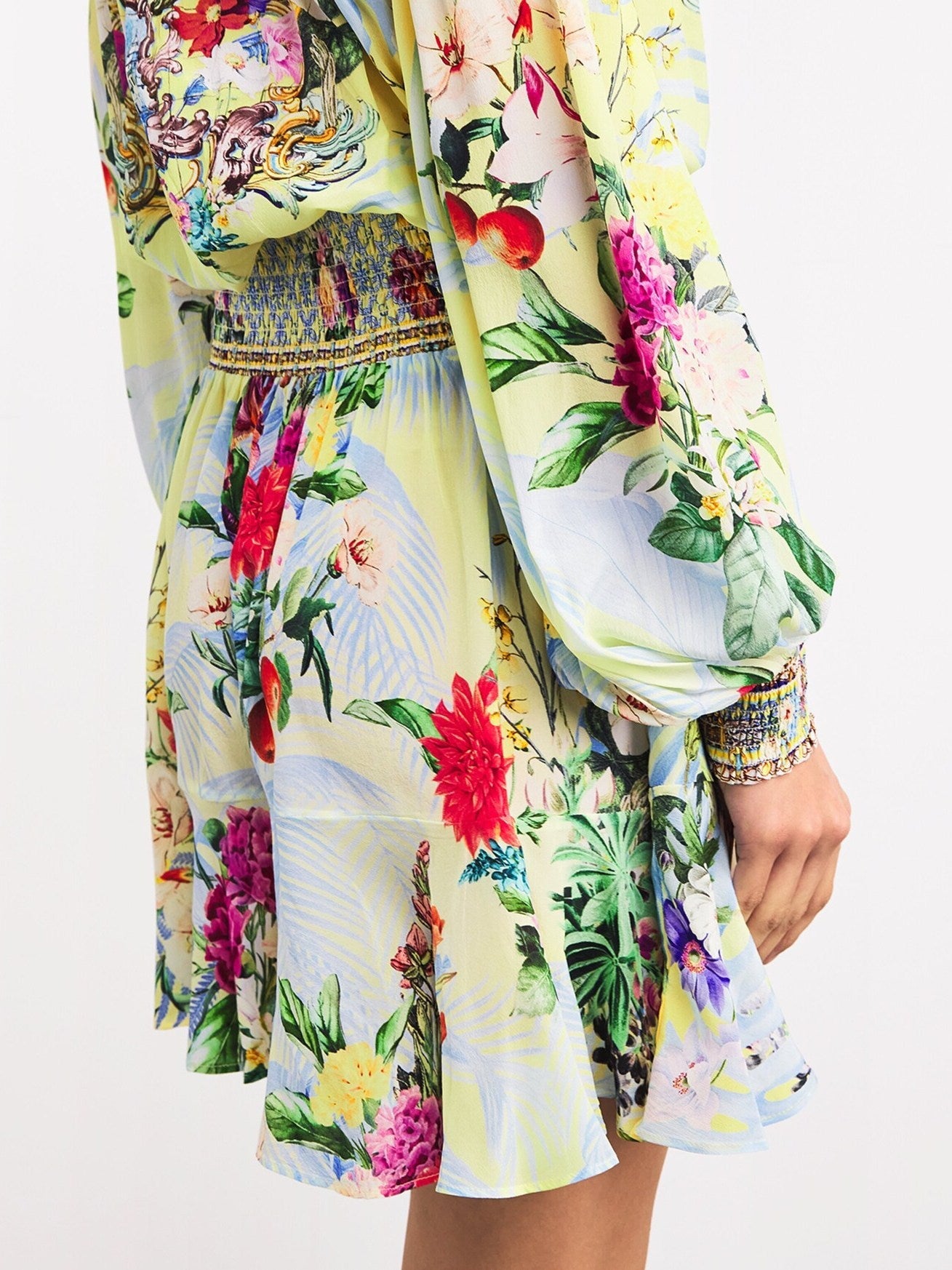 Off-Shoulder Printed Shirred Blouson Mini Dress - Dresses