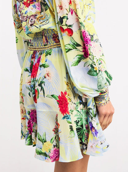 Off-Shoulder Printed Shirred Blouson Mini Dress - Dresses