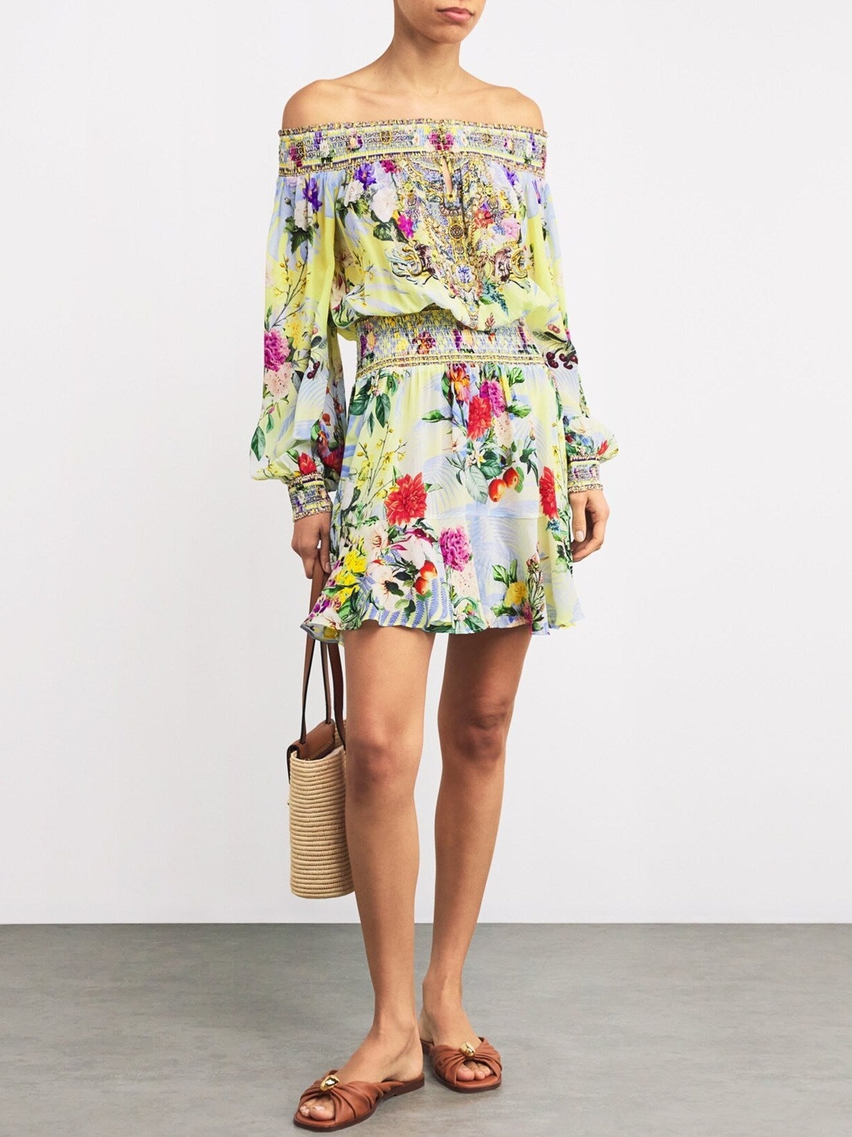 Off-Shoulder Printed Shirred Blouson Mini Dress - Dresses