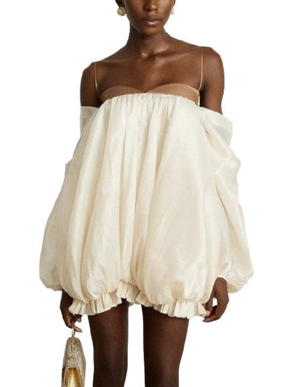 Off-Shoulder Puff Mini Dress with Contrasting Details - Dresses