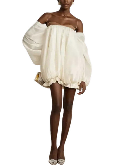 Off-Shoulder Puff Mini Dress with Contrasting Details - Dresses