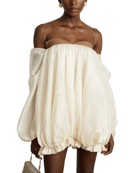 Off-Shoulder Puff Mini Dress with Contrasting Details - Dresses