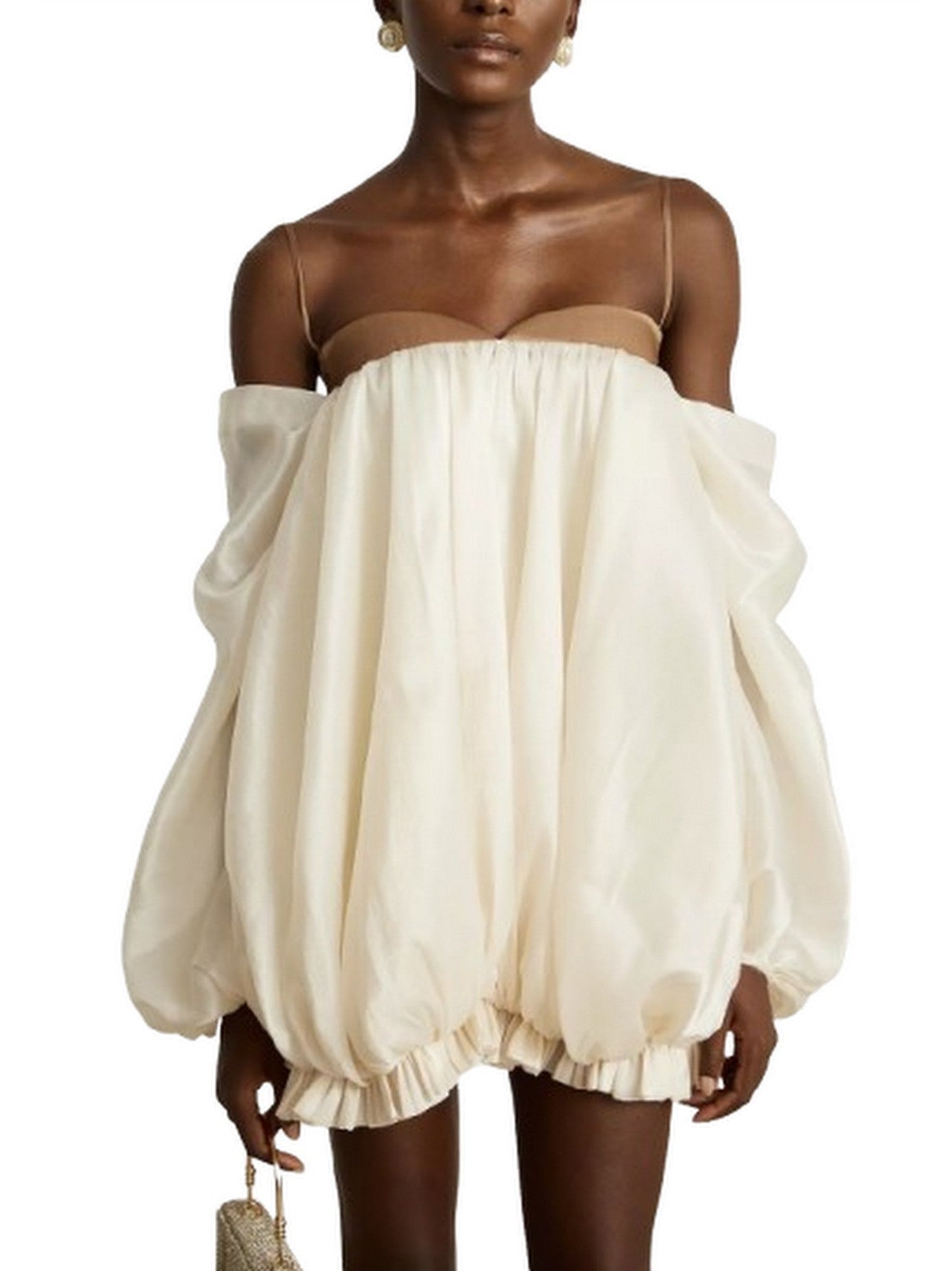 Off-Shoulder Puff Mini Dress with Contrasting Details - Dresses